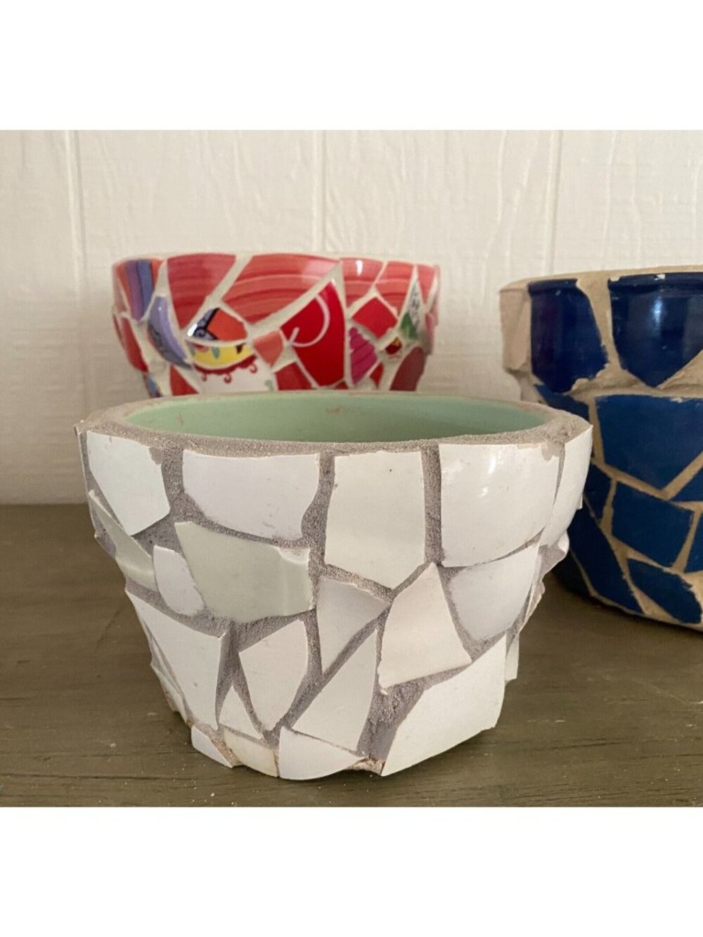 HandCrafted ~ Mosaic Garden Jardinere ~ Flower Pot ~ Pottery ~White